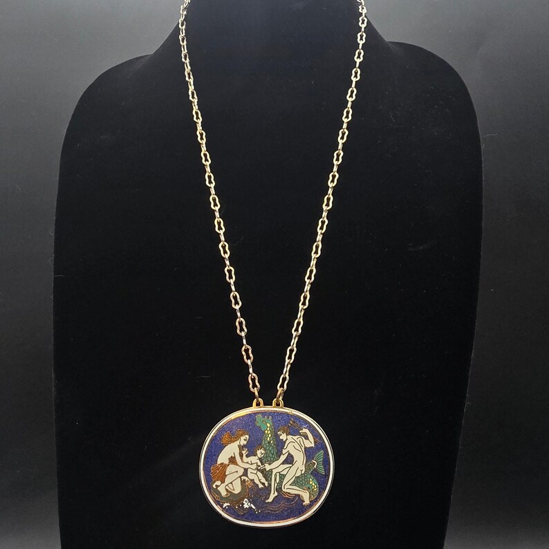 Greek Mythology Cloisonne Pendant Necklace Neptune Enamel Vintage Jewelry image 8