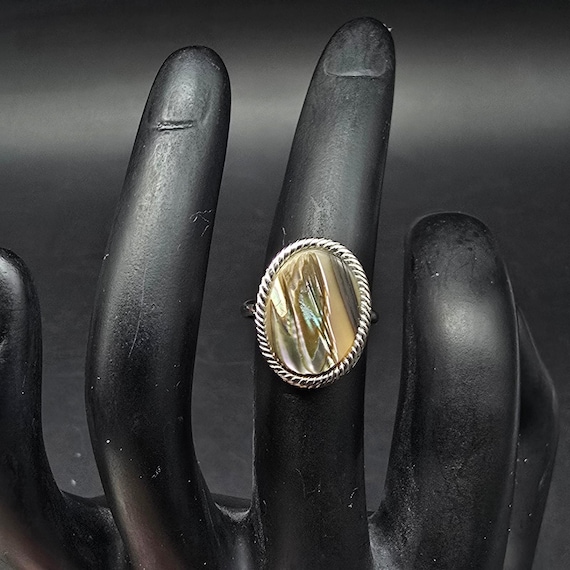 Abalone Shell Oval Ring Silver Tone Adjustable Si… - image 2