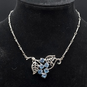 Vintage Blue Rhinestone Statement Necklace Silver Tone Glam Costume Jewelry