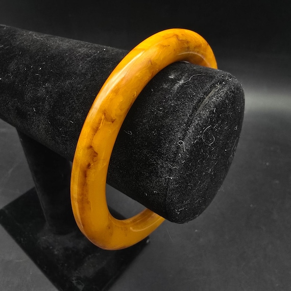 Marbled Yellow Brown Bakelite Bangle Bracelet Vin… - image 1