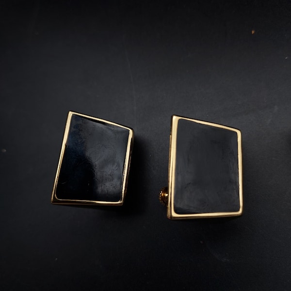 Napier Chunky Gold Tone Black Geometric Clip On Earrings Vintage 1980s Jewelry