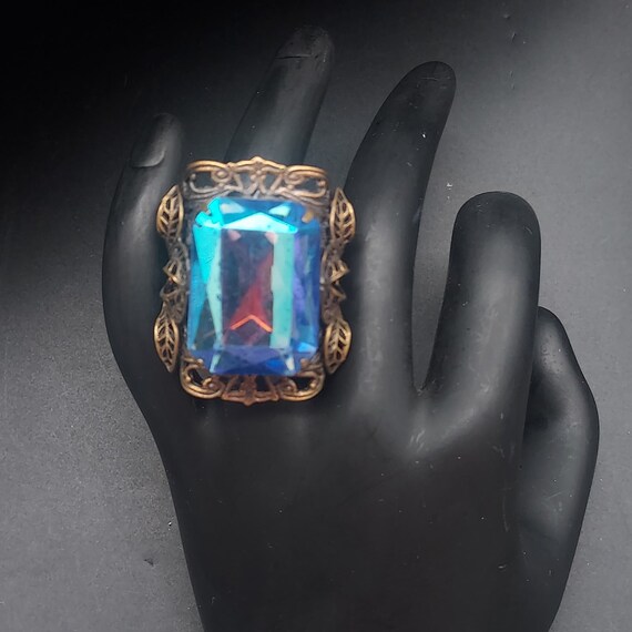 Signed KIM Vintage Ring Bronze Tone Filigree Blue… - image 5
