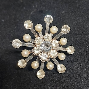 Vintage MCM Rhinestone Brooch Faux-Pearl Atomic Star Burst Pin 1960s