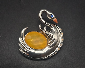 Broche de cisne en tono plateado con diamantes de imitación amarillos, bisutería para el vientre
