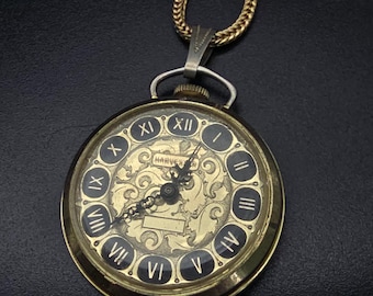 Vintage Harvester Watch Pendant Necklace Gold Tone Mechanical WORKS