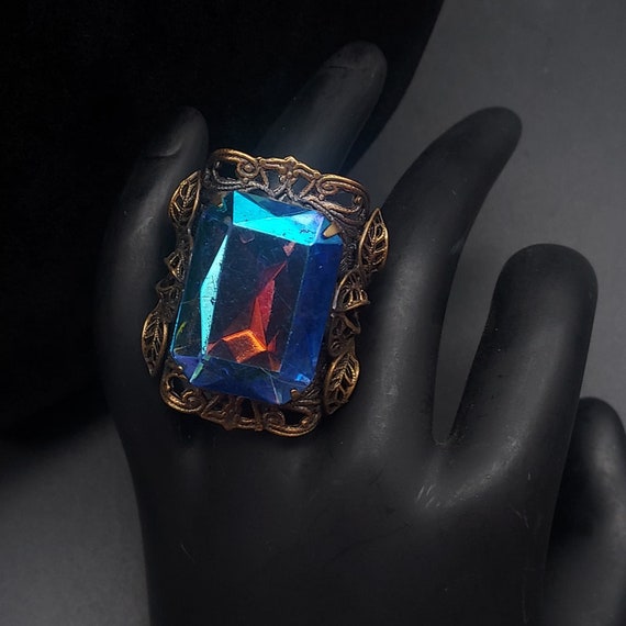 Signed KIM Vintage Ring Bronze Tone Filigree Blue… - image 2