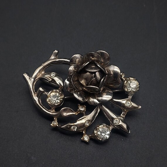Vintage Rose Brooch Silver Tone Rhinestone Costum… - image 5