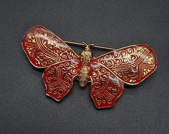 Red Enamel Butterfly Brooch ID Badge Eye Glasses Holder Esther Fuhrman NOS