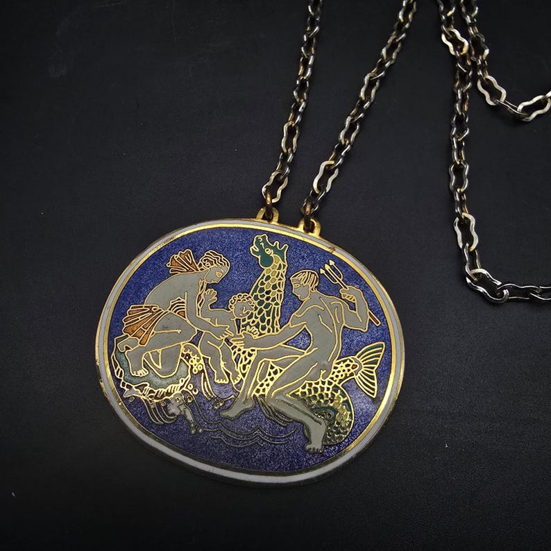 Greek Mythology Cloisonne Pendant Necklace Neptune Enamel Vintage Jewelry image 1