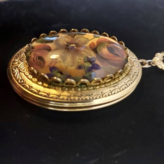 Vintage Chunky Floral Locket Reverse Painted Glas… - image 3