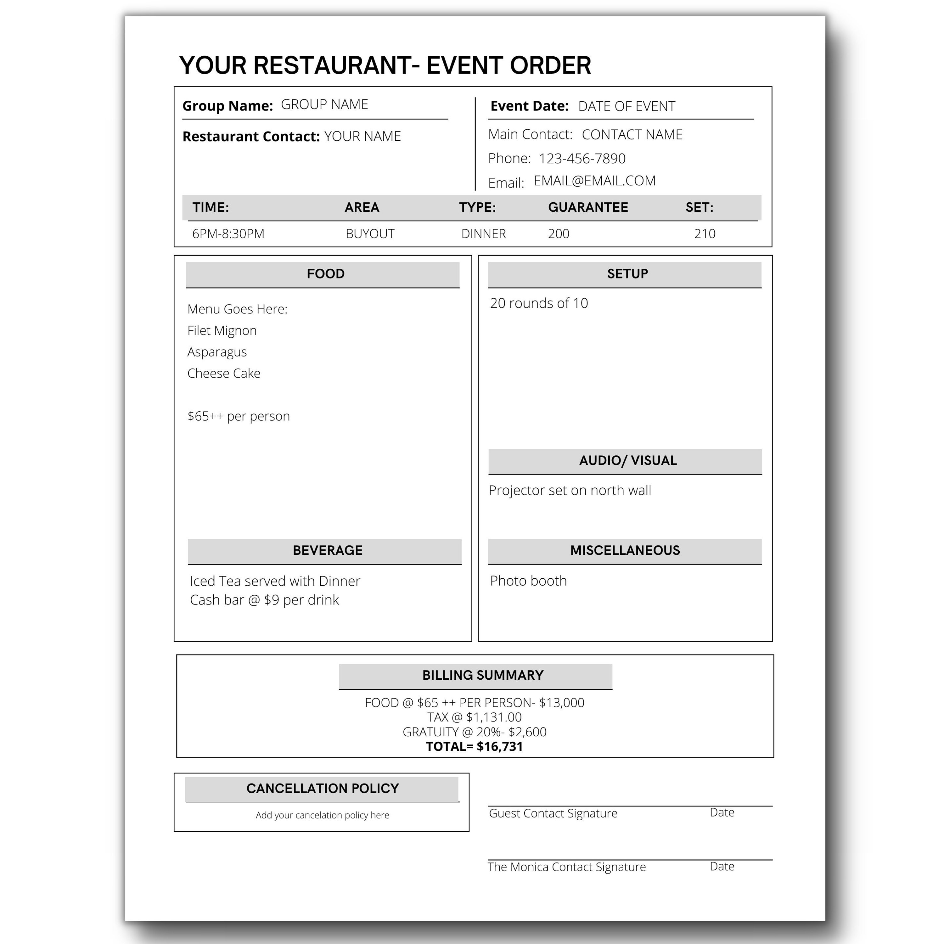 Printable Restaurant Event Order Template Customizable Catering Order