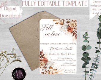 May include: A printable bridal shower invitation with a fall theme. The invitation features a floral design with fall colors like orange, brown, and white. The text on the invitation reads "Fall in love" and includes the bride's name, the date, time, and location of the shower. The invitation also includes information about where the bride is registered.