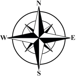 May include: A black and white compass with the cardinal directions N, S, E, and W.