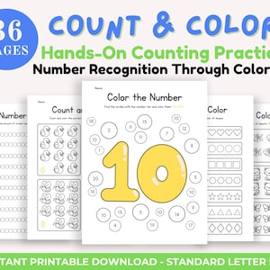 Hojas de trabajo para contar y colorear números / Matemáticas preescolares imprimibles / Páginas para colorear de números / Aprendizaje para niños pequeños (PDF) / Actividad de matemáticas tempranas