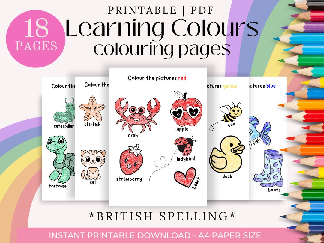 Learning Colours | Printable British Spelling Colouring Pages, Toddler ...