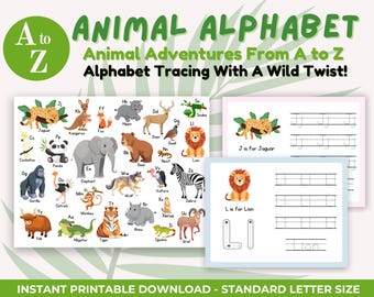 Animal Alphabet Tracing Worksheets: ABC Learning, Preschool Printable (PDF Download