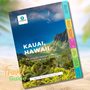 May include: A travel guide cover for Kauai, Hawaii, featuring a colorful mountain landscape with the text "Kauai, Hawaii" and "The Ultimate Vacation Guide to The Garden Isle of the South Pacific". The cover also includes a tabbed section with different areas of the island, including the North Shore, East Coast, South Shore, and West Coast.