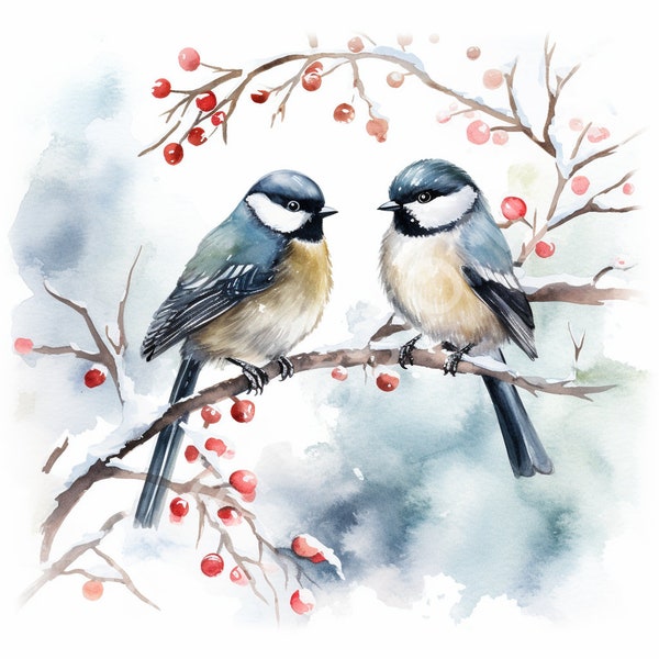 Watercolor Birds in Snow - 10 High-Quality JPG Clipart Images , Winter birds, Watercolor bird paintings, Snowy bird collection, Bird art