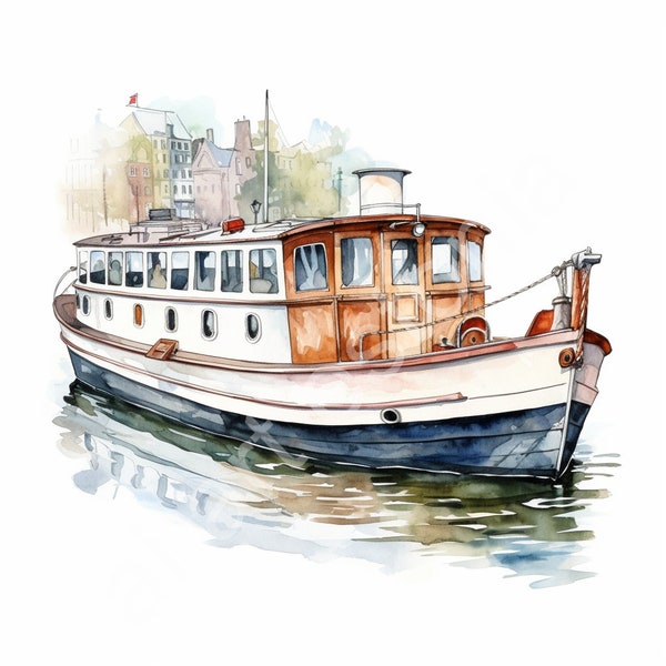 Watercolor Canal Boat 10 High-Quality JPGs, Digital Planners, Paper Crafts, Watercolor, Commercial Use, Digital Download