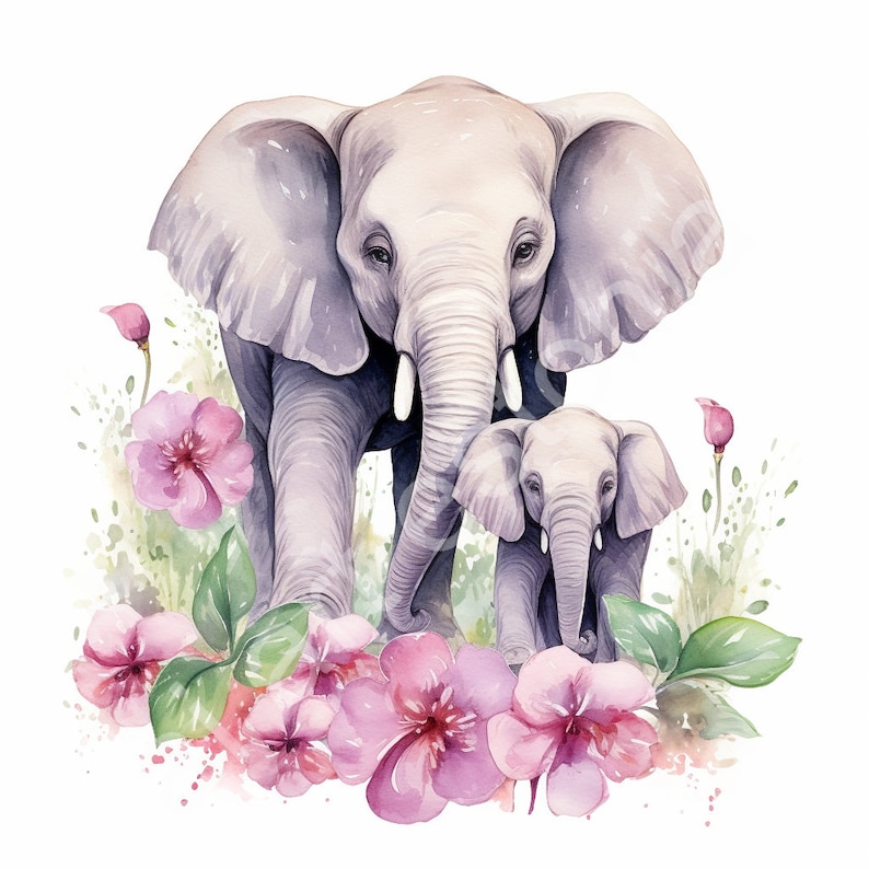 Elephant Family and Flowers 10 Highquality Jpgs, Digital Planners