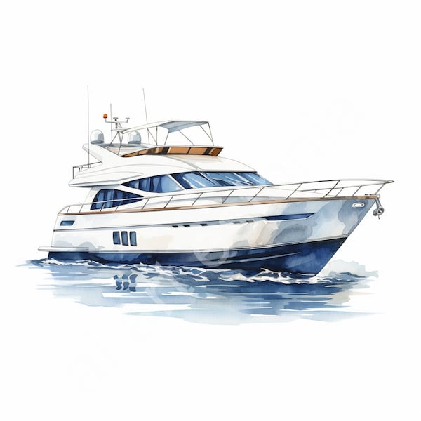 Watercolor Motor Yacht 10 High-Quality JPGs, Digital Planners, Paper Crafts, Watercolor, Commercial Use, Digital Download