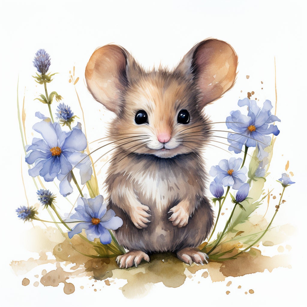 Watercolor Mouse & Flower Clipart 10 Jpgs High Quality - Etsy