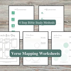May include: Printable Bible study worksheets with a green and white color scheme. The worksheets include a 4-step Bible study method, inductive Bible study, and verse mapping.