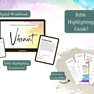 以下が含まれることがあります： 聖書をハイライトするためのデジタルワークブック、スクリーンセーバー、しおりセット。ワークブックとスクリーンセーバーは、水彩画のカラフルな背景に、手書きのフォントで「Vibrant」という単語が書かれています。しおりはカラフルで、虹のデザインに「聖書カラーコードしおり」というテキストが書かれています。