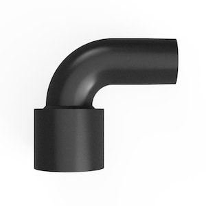 May include: A black, 90-degree elbow pipe fitting. The fitting has a cylindrical base and a curved section that extends horizontally. The surface is smooth and matte, with a uniform black color.