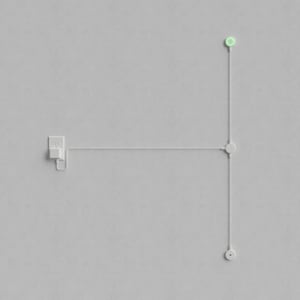 May include: A minimalist, white wall-mounted light fixture with a green illuminated circular light at the top. The fixture is connected to a power outlet via a white cable. The design is clean and modern.