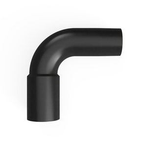 May include: A black, right-angle pipe fitting. The fitting has a smooth, matte finish and a curved section connecting two straight cylindrical sections. The pipe is designed for plumbing or industrial applications.