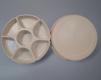 Vintage Tupperware rundes geteiltes Serviertablett Mandel 1666-2 1665-2