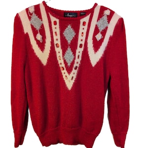 Suéter vintage Angenie de mezcla de lana con cuello redondo y adornos para mujer, MCM, rojo, talla L/XL