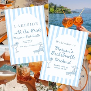 May include: Two rectangular event signs featuring light blue and white vertical stripes with an arched top design. The text reads Lakeside with the Bride Morgan's Bachelorette Seneca Lake, NY August 25-28 and Welcome to Morgan's Bachelorette Weekend.