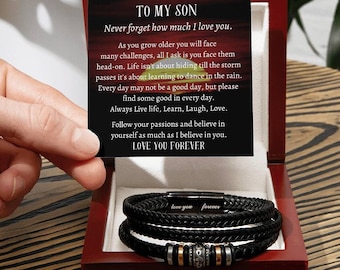 To My-Our Son LOVE YOU FOREVER Personalized Vegan Leather Bracelet Boy Teen Jewelry Birthday Graduation Gift Personalised Name Message Card