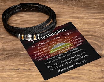 Braccialetto Motivazionale Per Figlia Con Incisione "Always Remember" - Pelle E Acciaio Inox - Regalo Compleanno Laurea Da Mamma E Papà