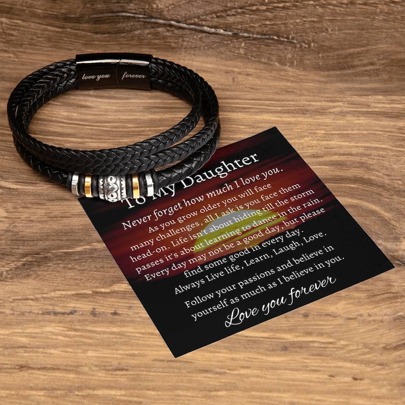 To My-Our Daughter Personalized Vegan Leather Bracelet Girl Teen Jewelry Birthday Graduation Gift Personalised Name Message Card.