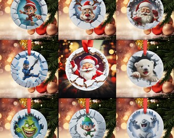 May include: Nine round Christmas ornaments with various holiday characters. The ornaments are white with a cracked ice effect and feature characters like Santa Claus, a snowman, an elf, and a polar bear.