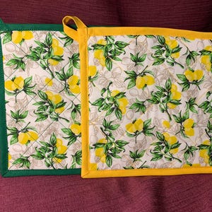 Puede incluir: Dos agarraderas acolchadas con estampado de limón. Una es verde con fondo blanco y la otra es amarilla con fondo blanco.