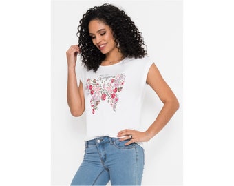 White Floral Butterfly Print T-Shirt | Women T-Shirt | Round Neck | Turn Up Sleeves | Women Fashion