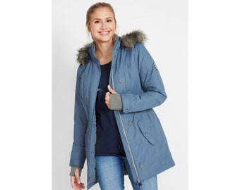 Parka azul índigo resistente a la intemperie / con capucha / resistente a la intemperie / a prueba de viento / con cremallera / bolsillos / moda femenina