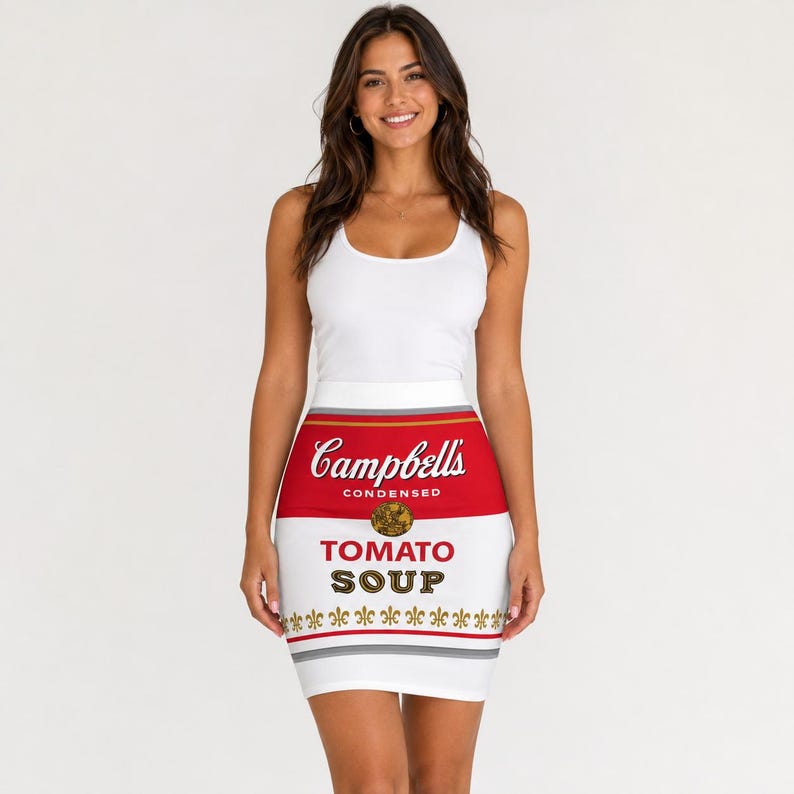 Op de afbeelding: Witte minirok met een Campbell's Tomato Soup-blikontwerp. De rok heeft een rode bovenband met het Campbell's-logo, een wit middengedeelte met de tekst "TOMATO SOUP" en een grijze en gouden onderrand.