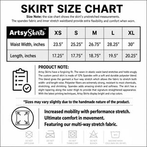 Op de afbeelding: Een witte maattabel voor Artsy Skirts, met details over de taillewijdte en lengte in inches voor de maten XS tot XL. De tabel bevat productnotities over de stof en kenmerken van de rok, samen met onderhoudsinstructies.