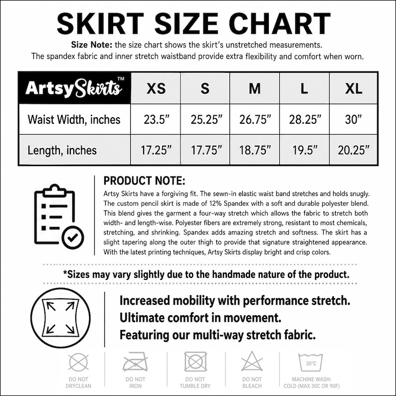 Op de afbeelding: Een witte maattabel voor Artsy Skirts, met details over de taillewijdte en lengte in inches voor de maten XS tot XL. De tabel bevat productnotities over de stof en kenmerken van de rok, samen met onderhoudsinstructies.