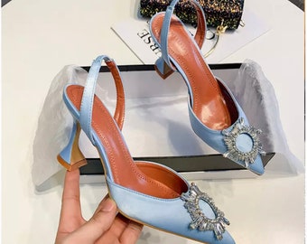 Silk Satin Pointy Toe Crystal High Heels Shoes