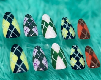 Argyle Press on Nails (Blue and Yellow, Grey and Lilac, Brown and Orange, Pink and Green)