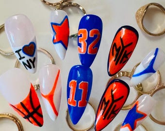 New York Knicks Orange and Blue Basketball Press on Nails