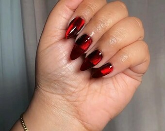 Red Double Cateye Velvet Press on Reusable Nails