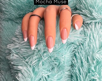 Classic French Tip Press on nails with different nude base colors (Medium Almond Only)