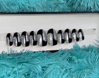 Ready to Ship Reflective Silver and Black nails size Large “Talk that Sh!tty”